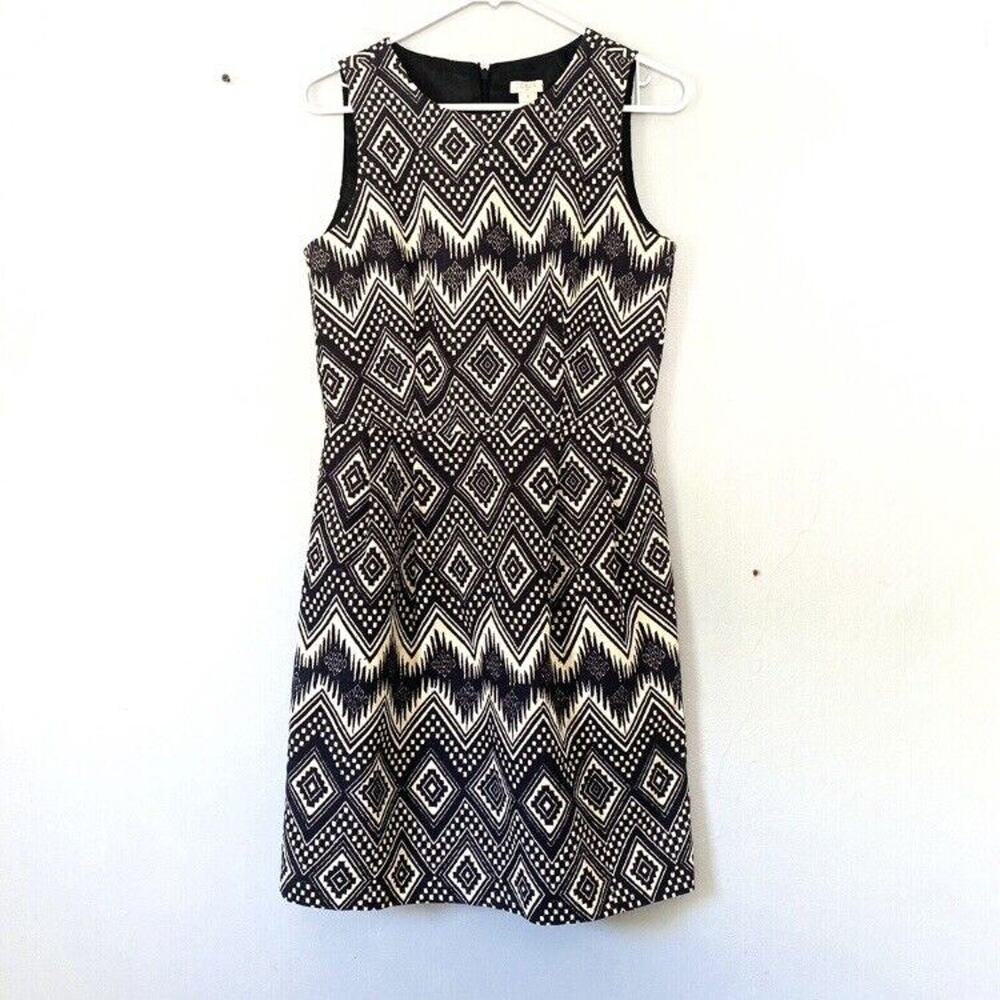 J. Crew Dress Size 4 Sheath Black Ivory Sleeveless Mini Pockets Diamonds Career